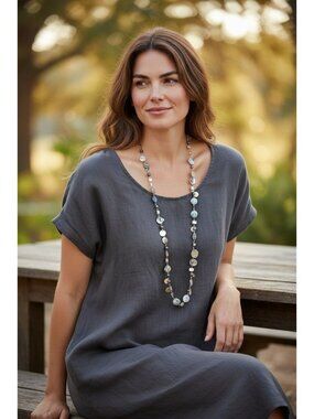 Shell & Bead Long Necklace With Natural Iridescent Finish And Metallic Accents